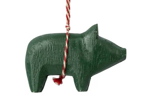 Maileg wooden ornament pig, dark green,julekule, gris, grnn